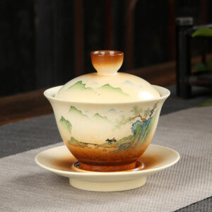 Buddha Stones Mountain Landscape Countryside Ceramic Gaiwan Sancai Teacup Kung Fu Tea Cup And Saucer With Lid Cup BS 11cm*10cm*100-130ml