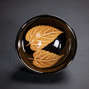 Buddha Stones Gold Maple Leaf Chinese Jianzhan Ceramic Teacup Tenmoku Kung Fu Tea Cup Bowl Jian Zhan Tea Cup BS Double Maple Leaf 9cm*4.5cm*120ml