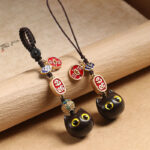 Buddha Stones Ebony Wood Lucky Cat Auspicious Cloud Peace Key Chain Phone Hanging Decoration Key Chain BS main