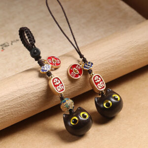 Buddha Stones Ebony Wood Lucky Cat Auspicious Cloud Peace Key Chain Phone Hanging Decoration Key Chain BS main