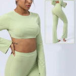 Buddha Stones Long Sleeve Backless Strap Top Bra Flare Pants Fitness Yoga Outfit 2-Piece Outfit BS 11