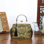 Buddha Stones Vintage Flower Butterfly Crane Sea Waves Metal Chain Crossbody Bag Shoulder Bag Handbag Handbags BS Yellow Green River Sea Waves 22*18*8cm