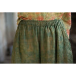 Buddha Stones Green Yellow Ramie Linen Flexible Waistband Wide Leg Pants With Pockets Women's Wide Leg Pants BS 9