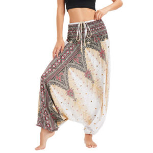 Buddha Stones Two Style Wear Peacock Feather Loose Smocked Harem Trousers Jumpsuit High Waist Pants Harem Pants BS Beige(Waist 60-100cm/Length 105cm)