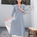 Buddha Stones 2Pcs V-neck Embroidery Yoga Clothing Zen Meditation Cotton Linen Top Pants Women's Set Clothes BS Blue Top&White Pants XXL