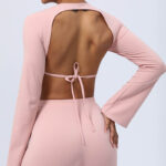 Buddha Stones Long Sleeve Backless Strap Top Bra Flare Pants Fitness Yoga Outfit 2-Piece Outfit BS 39