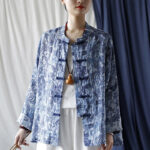 Buddha Stones Retro Blue White Flowers Frog-Button Design Long Sleeve Ramie Linen Jacket Shirt 21