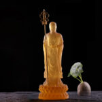 Buddha Stones Handmade Ksitigarbha Bodhisattva Figurine Liuli Crystal Art Piece Serenity Statue Home Decoration Decorations BS Amber Color 7.8*7.8*20cm