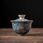 Buddha Stones Vintage Blue And White Porcelain Peach Blossom Lotus Peony Ceramic Gaiwan Sancai Teacup Kung Fu Tea Cup And Saucer With Lid Cup BS 10cm*9cm*160ml