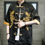 Buddha Stones Frog-Button Chinese Dragon Embroidery Half Sleeve Shirt Linen Men Clothing Men's Shirts BS 6
