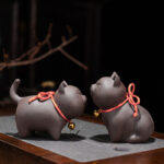 Buddha Stones Mini Lovely Cat Tea Pet Purple Clay Figurine Desk Decoration Decorations BS 9