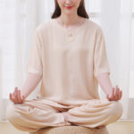 Buddha Stones 2Pcs Half Sleeve T-Shirt Pants Meditation Zen Tai Chi Cotton Linen Clothing Unisex Set Women's Meditation Cloth BS Khaki(Top&Pants) 4XL(Bust 138cm/Waist 80cm/Hips 124cm)