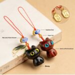 Buddha Stones Small Leaf Red Sandalwood Ebony Wood Lucky Cat Protection Key Chain Phone Hanging Decoration Key Chain BS 13