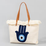 Buddha Stones Large Capacity Evil Eye Leaf Hamsa Tassel Canvas Tote Shoulder Bag Shoulder Bag BS 16