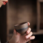 Buddha Stones Simple Brown Striped Texture Ceramic Teacup Kung Fu Tea Cup Bowl Cup BS 1