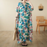 Buddha Stones Red Blue Green Flowers Midi Dress Cotton Half Sleeve Dress With Pockets Midi Dress BS Blue(Dress Only) (Bust 158cm/Hem 158cm/Length 133cm)