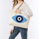 Buddha Stones Large Capacity Evil Eye Leaf Hamsa Tassel Canvas Tote Shoulder Bag Shoulder Bag BS 10