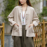 Buddha Stones Frog-Button Design Shirt Tai Chi Meditation Top Clothing Ramie Linen Jacket Jacket Shirt BS Beige(Bust 128cm)(Top Only)