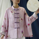 Buddha Stones Pink Flower Print Frog-button Design Batwing Long Sleeve Ramie Linen Jacket Shirt Women's Shirts BS 8