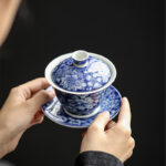 Buddha Stones Vintage Blue And White Porcelain Ceramic Gaiwan Sancai Teacup Kung Fu Tea Cup And Saucer With Lid Cup BS 11