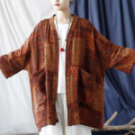 Buddha Stones Orange Flower Geometry Print Cotton Open Front Jacket With Pockets 6