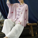 Buddha Stones Pink Flower Print Frog-button Design Batwing Long Sleeve Ramie Linen Jacket Shirt Women's Shirts BS 16
