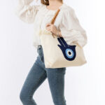 Buddha Stones Large Capacity Evil Eye Leaf Hamsa Tassel Canvas Tote Shoulder Bag Shoulder Bag BS 19