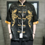 Buddha Stones Frog-Button Chinese Dragon Embroidery Half Sleeve Shirt Linen Men Clothing Men's Shirts BS 5