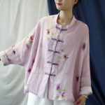 Buddha Stones Pink Flower Print Frog-button Design Batwing Long Sleeve Ramie Linen Jacket Shirt Women's Shirts BS 14