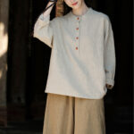 Buddha Stones Solid Color Loose Button Blouse Long Sleeve Shirt Top Long Sleeve Shirt BS Beige(Bust 126cm)(Top Only)
