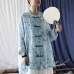 Buddha Stones Light Green Pink Flowers Green Leaves Frog-Button Long Sleeve Ramie Linen Jacket Shirt 28