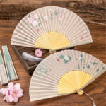 Buddha Stones Jasmine Lotus Begonia Flowers Handheld Silk Bamboo Folding Fan