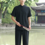 Buddha Stones 2Pcs Men's Short Sleeve Shirt Top T-Shirt Pants Meditation Zen Tai Chi Cotton Linen Clothing Set Men's Meditation Cloth BS Black(Top&Pants) 6XL(Bust 138cm/Waist 86-150cm/Hips 144cm)