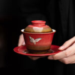Buddha Stones Red Auspicious Crane Ceramic Gaiwan Sancai Teacup Kung Fu Tea Cup And Saucer With Lid Cup BS 6