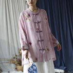 Buddha Stones Pink Flower Print Frog-button Design Batwing Long Sleeve Ramie Linen Jacket Shirt Women's Shirts BS 32