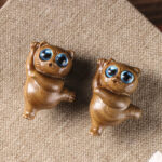 Buddha Stones Mini Green Sandalwood Dancing Cat Engraved Positive Desk Decorations Decorations BS 3