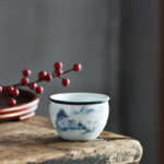Buddha Stones Koi Fish Lotus Flower Leaf Mountains Tree Ceramic Teacup Kung Fu Tea Cup 130ml Cup BS Mountains Tree House 7.7cm*5.1cm*130ml