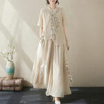 Buddha Stones 2Pcs Flower Embroidery Short Sleeve Tee T-shirt Wide Leg Pants Set 2-Piece Outfit BS 1