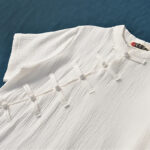 Buddha Stones Frog-Button Midi Dress Cotton Linen Short Sleeve Dress With Pockets Midi Dress BS 20