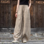 Buddha Stones Ramie Cotton Linen Pants Tie-dye Design Trousers Loose Zen Yoga Women's Pants with Pockets Pants BS Khaki(Fleece Lined) L(Waist 68-100cm/Hips 116cm/Suitable for Weight 70kg)