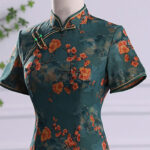 Buddha Stones Retro Flower Lotus Peony Feather Print Qipao Dress Women's Cheongsam Dress Cheongsam Dresses BS 6