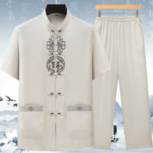 Buddha Stones Fu Character Chinese Knotting Embroidery Tang Suit Traditional Short Sleeve Top Pants Clothing Men's Set Men's Meditation Cloth BS Beige(Top&Pants) 3XL(Bust 124cm/Waist 122cm/Hips 124cm)
