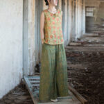 Buddha Stones Green Yellow Ramie Linen Flexible Waistband Wide Leg Pants With Pockets Women's Wide Leg Pants BS 17