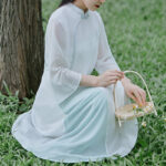 Buddha Stones Three Quarter Sleeve Chiffon Cheongsam Midi Dress Wide Leg Pants Meditation Zen Practice Clothing Women's Meditation Cloth BS 4