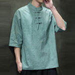 Buddha Stones Men's Chinese Frog-Button Tang Suit Half Sleeve Cotton Linen Shirt Men's Shirts BS 8
