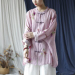 Buddha Stones Pink Flower Print Frog-button Design Batwing Long Sleeve Ramie Linen Jacket Shirt Women's Shirts BS 27