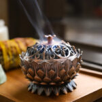 Buddha Stones Tibetan Lotus Shaped Purify Incense Burner Incense Burner BS Red Bronze