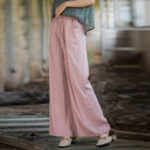 Buddha Stones Plain Wide Leg Pants Dance Women's Yoga Pants With Pockets Wide Leg Pants BS Pink L(Waist 69cm/Hips 120cm/Length 101cm)