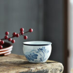 Buddha Stones Koi Fish Lotus Flower Leaf Mountains Tree Ceramic Teacup Kung Fu Tea Cup 130ml Cup BS Lotus Flower 7.7cm*5.1cm*130ml
