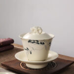Buddha Stones Hand Painted Pomegranate Hibiscus Pine Lotus Ceramic Gaiwan Sancai Teacup Kung Fu Tea Cup And Saucer With Lid Cup BS 10